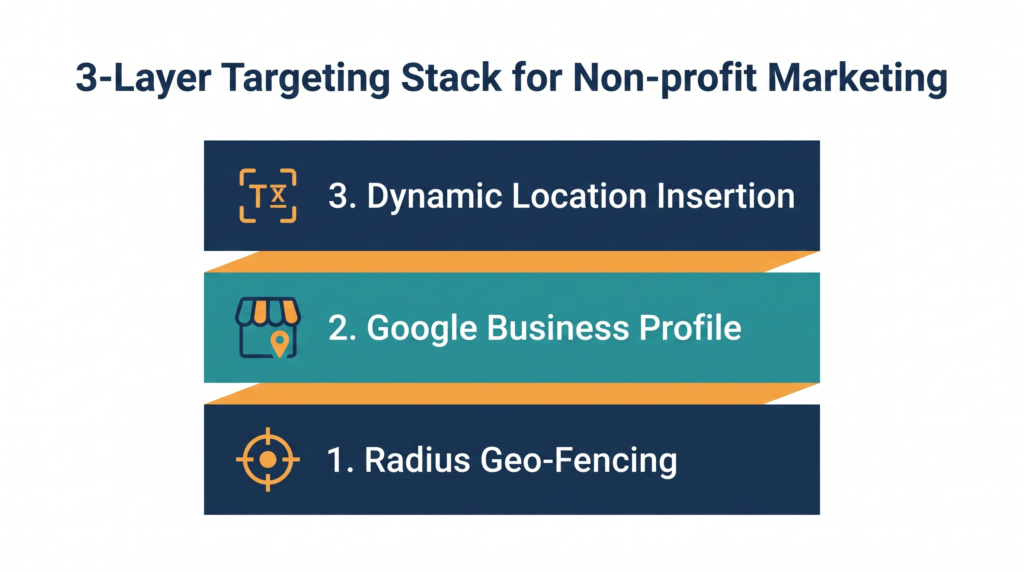 A visualization of the high-converting nonprofit hyper-local targeting stack used to maximize a Google Ad Grant, breaking down the three stages from radius fencing to dynamic ad copy.
