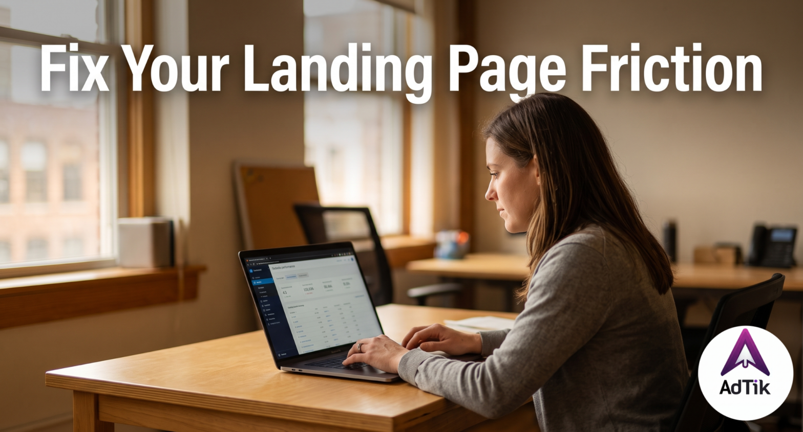 Title graphic for the article Fix Your Landing Page Friction, featuring a professional reviewing website analytics on her laptop.