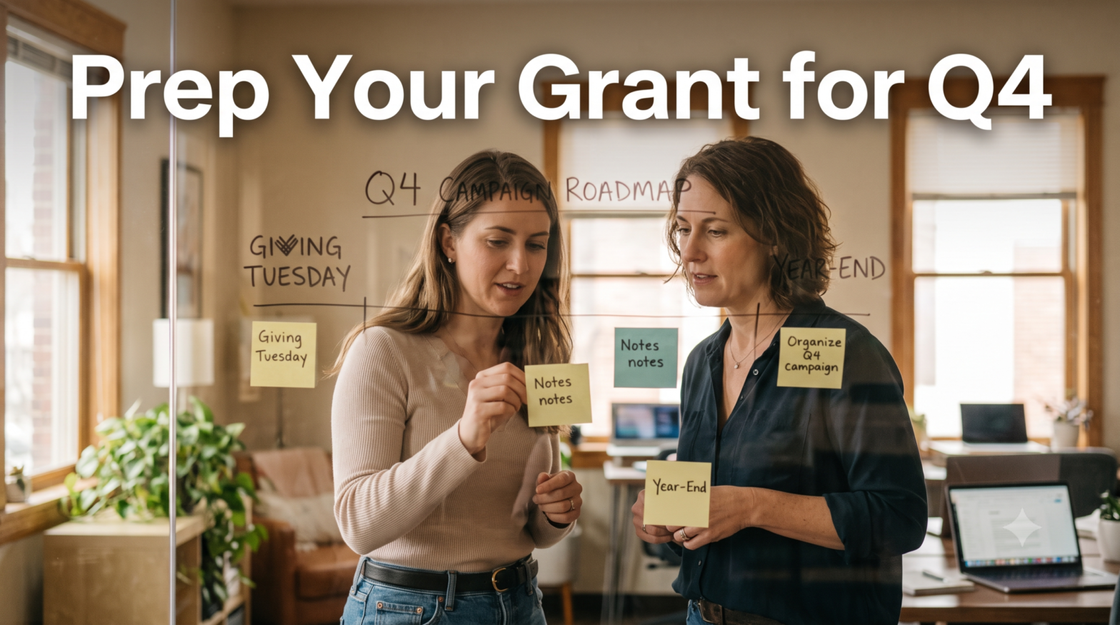 Title graphic for the Q4 Giving Season Prep Guide, showing two nonprofit strategists planning a Google Ad Grant roadmap on a clear board.
