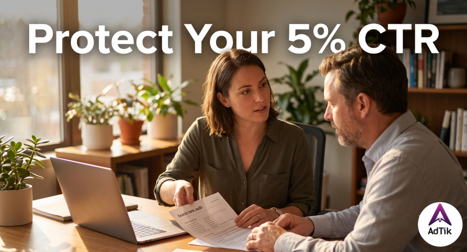 Title graphic for the Master Negative Keyword Framework guide, showing two digital marketers conducting a Google Ad Grant search term audit to protect campaign CTR.
