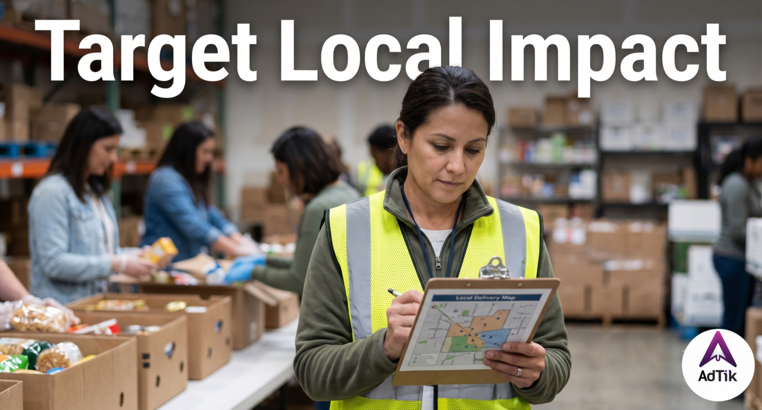 Title graphic for the article on hyper-local targeting, showing volunteers packing supply boxes in a local warehouse.